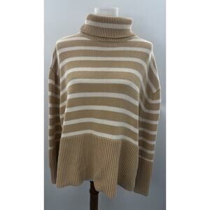 GAP Women Tan Stripe Turtleneck Sweater Medium Cotton Ribbed Hem